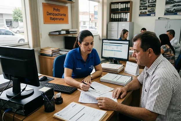 Despachante auxiliando cliente na transferência de veículo em Itaperuna.