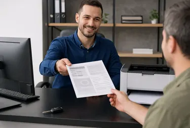 Profissional do despachante imprimiu um CRLV-e em um ambiente de trabalho.