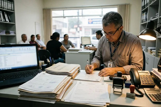Profissional do despachante organizando documentos para clientes em Itaperuna.